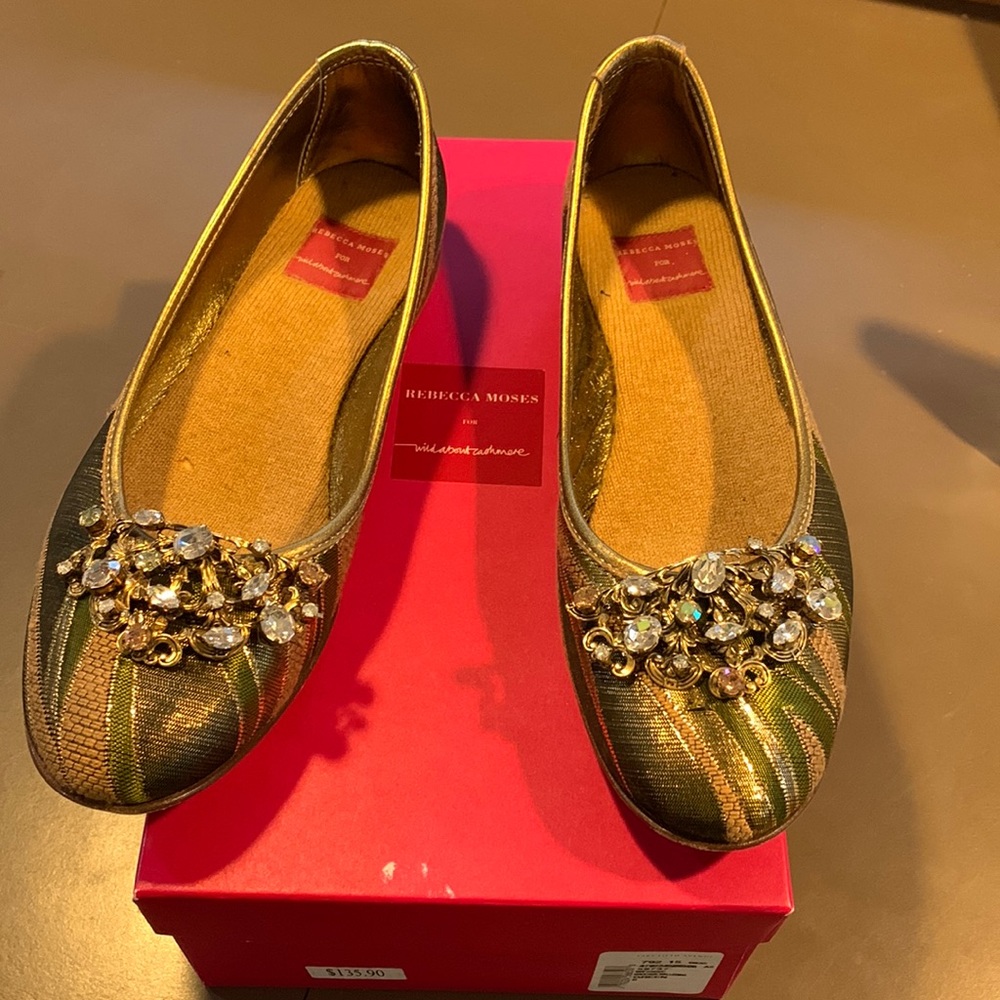 Rebecca Moses for Wild about Cashmere green/gold flats size 6